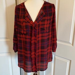 Plaid Blouse Tunic Loose Fit Low Cut